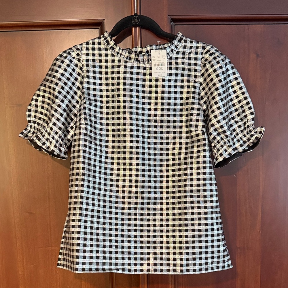 J. Crew Black and Silver Gingham Blouse with Ruffle Neck